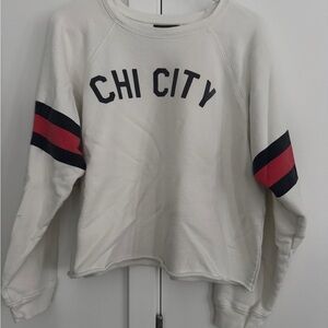 Retro brand Cropped White 'Chi City' Sweatshirt with Striped Sleeves